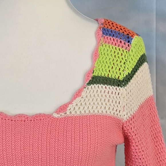 Hippie Rose | cropped open knit crocheted bell sleeve colorful boho sweater - Picture 7 of 16